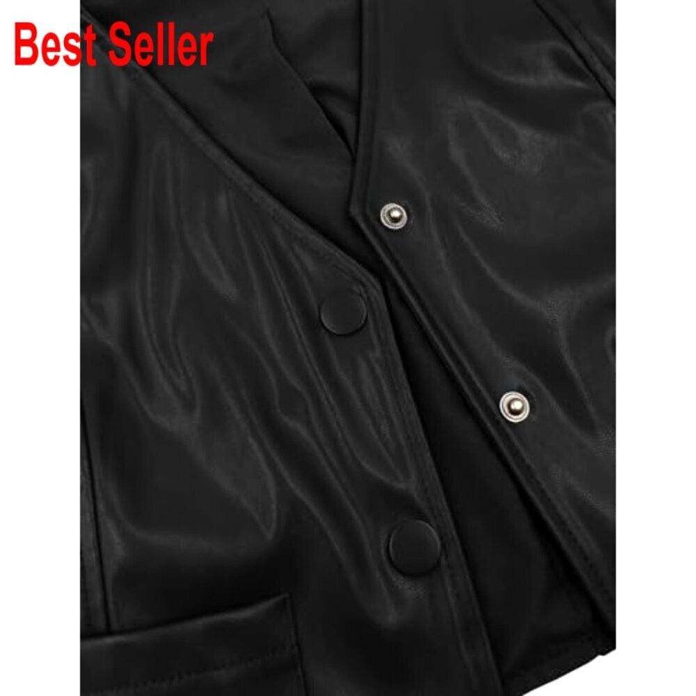 Faux Leather Vest Crop Top Button Front V-Neck Sleeveless Waistcoat - Picture 4 of 6